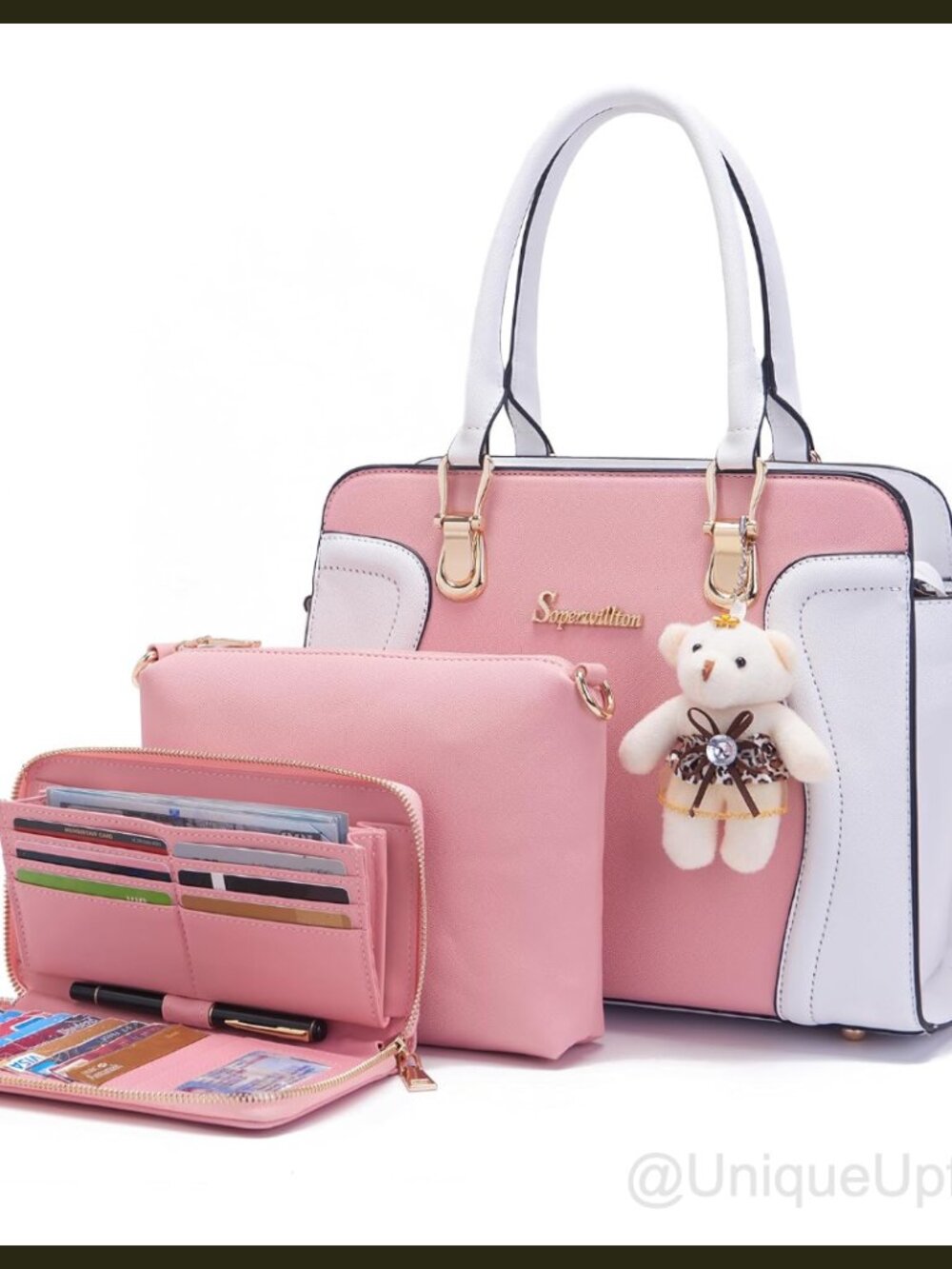 Soperwillton 3pc Faux Leather Satchel Tote Handbag & Wallet Set